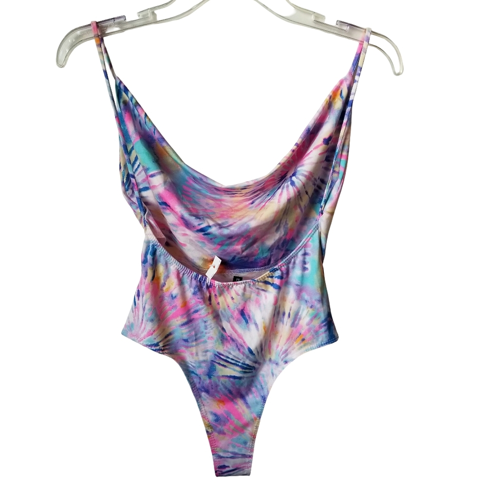 Y2K Bodysuit Sunburst Tie Dye 90's High Waist Coachella Backless Ravecore Sz MED - Picture 3 of 3